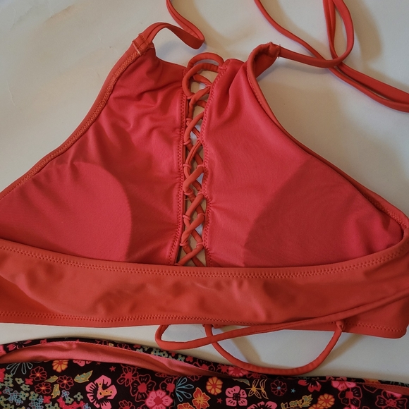 Aerie halter top style two Piece Orange and blue floral Swimsuit Sz Medium - Picture 3 of 14